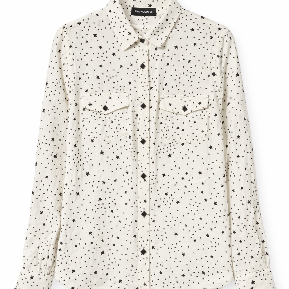 The Kooples cream black star print Button Down with pyramid stud buttons  size M